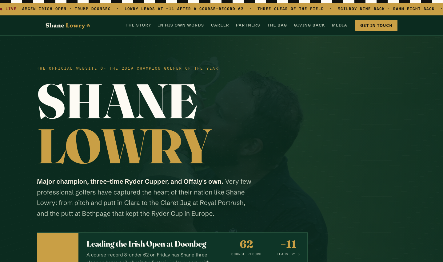 Concept website for golfer Shane Lowry, dark green and gold with tall serif type and a live scores ticker