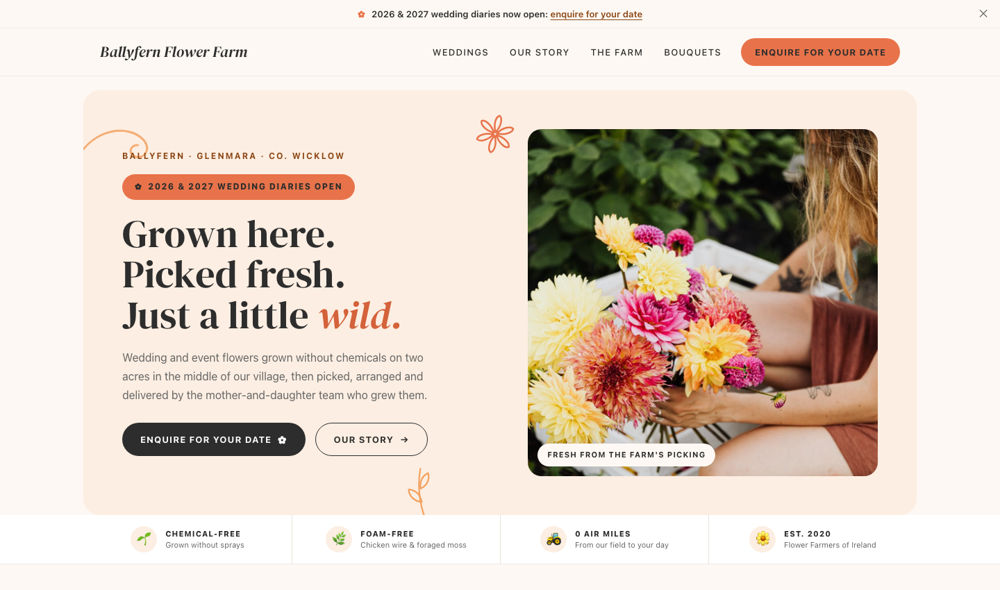 Flower farm website, warm cream design with framed photos and playful italic type