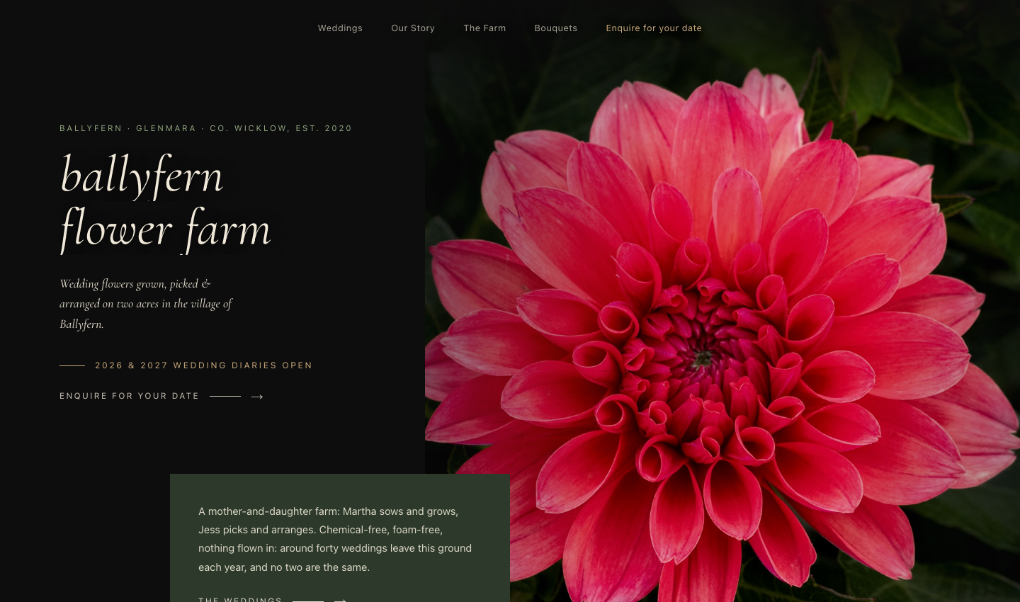 Flower farm website, dark botanical design with a deep green ground and serif type