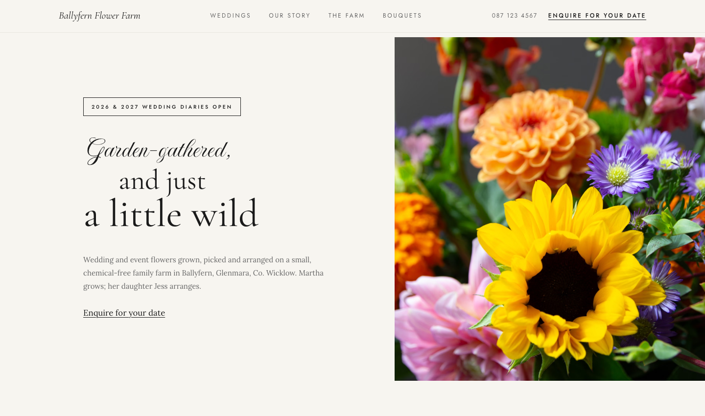 Flower farm website, quiet editorial design with large serif type and generous white space